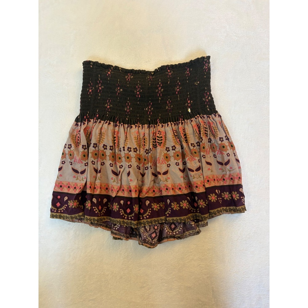 Natural Life Boho Smocked Waist Floral Border Print Shorts Brown Pink Medium